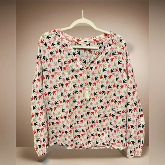 Boden Bird Print Tassel Tie Blouse Top Size 8 Pink Navy Red - Picture 1 of 3